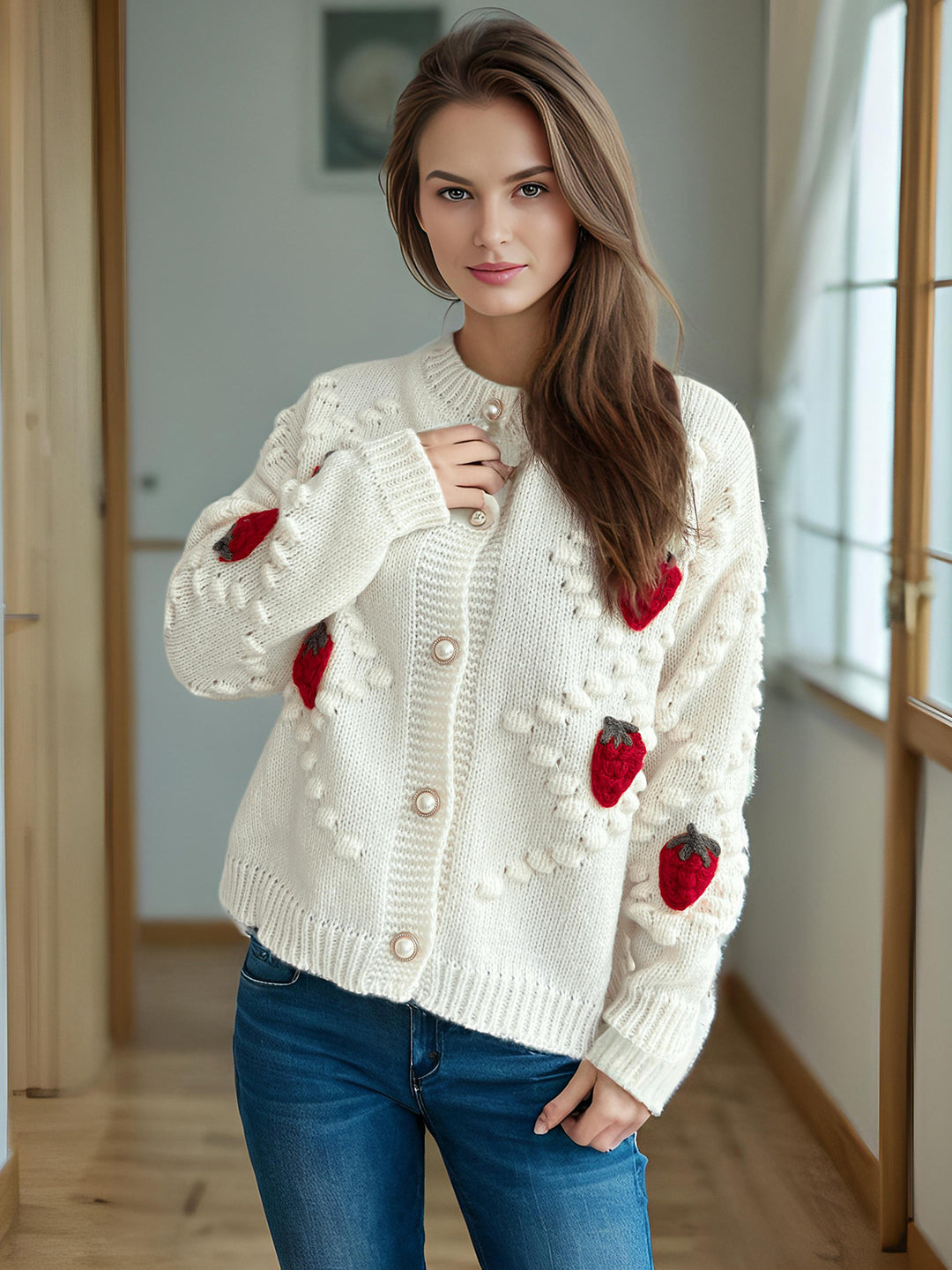 Damen Strickjacke mit verspieltem Erdbeermotiv und Knopfdetails Drune