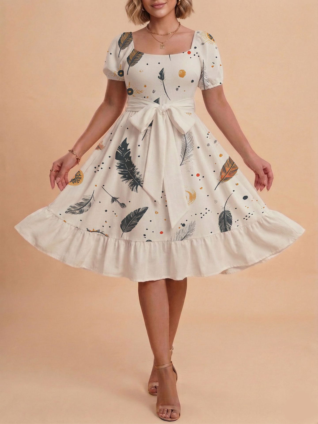 Damen Midikleid mit verspieltem Druck und tailliertem Schnitt Drune