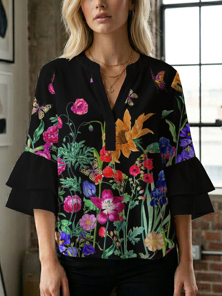 Damen lässige Bluse mit Volantärmeln und botanischem Druck Drune