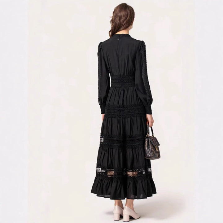 Damen romantisches Maxikleid mit transparenten Einsätzen und Rüschendetails Drune