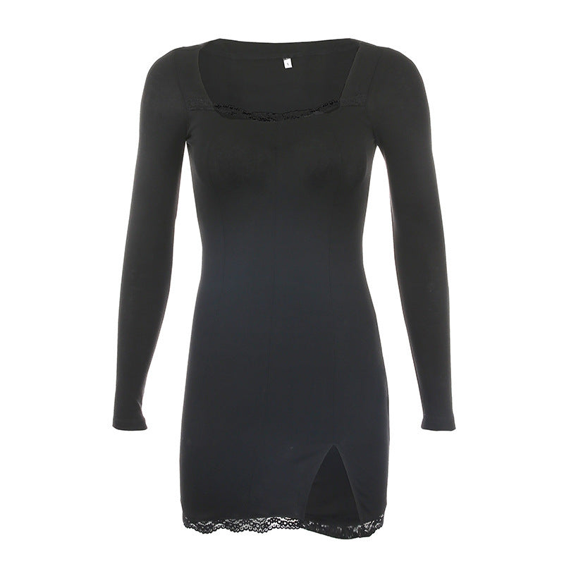 Damen figurbetontes Langarmkleid mit Spitzenakzenten und sexy Schlitz Drune