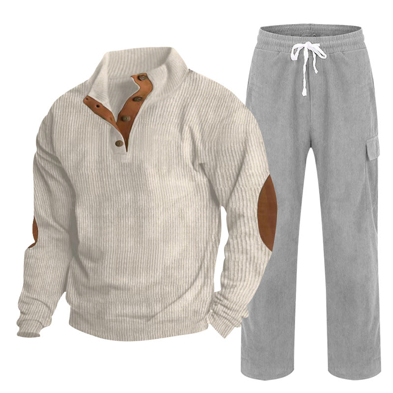 Herren nan strukturiertes Cord-Henley-Loungewear-Set mit Ellenbogenpatches und Cargo-Jogpant Drune