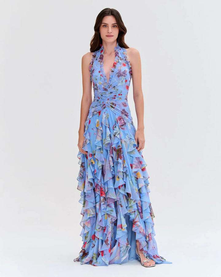 Damen Romantisches Maxi-Party Kleid mit voluminösen Rüschendetails Drune