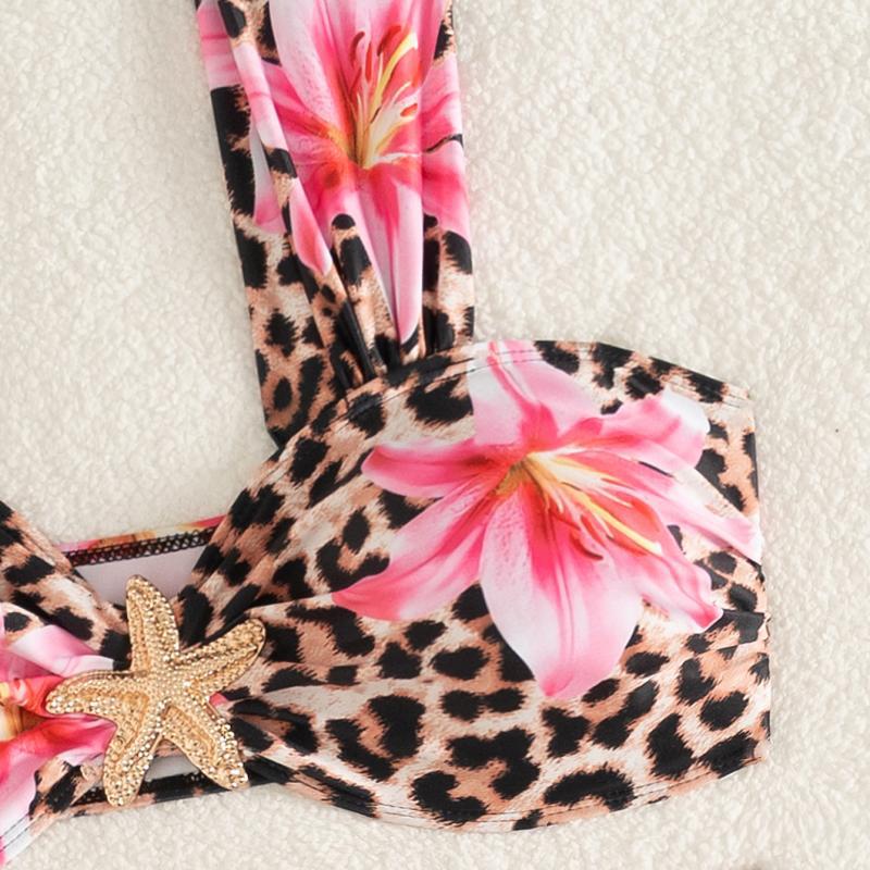 Damen Bikini-Set mit floralem Leopardenmuster und elegantem Knotendetail Drune