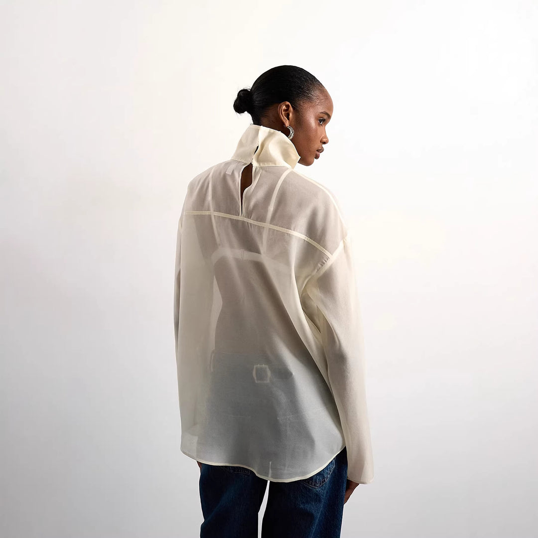 Damen Elegante Bluse aus transparentem Stoff mit stehendem Kragen Drune