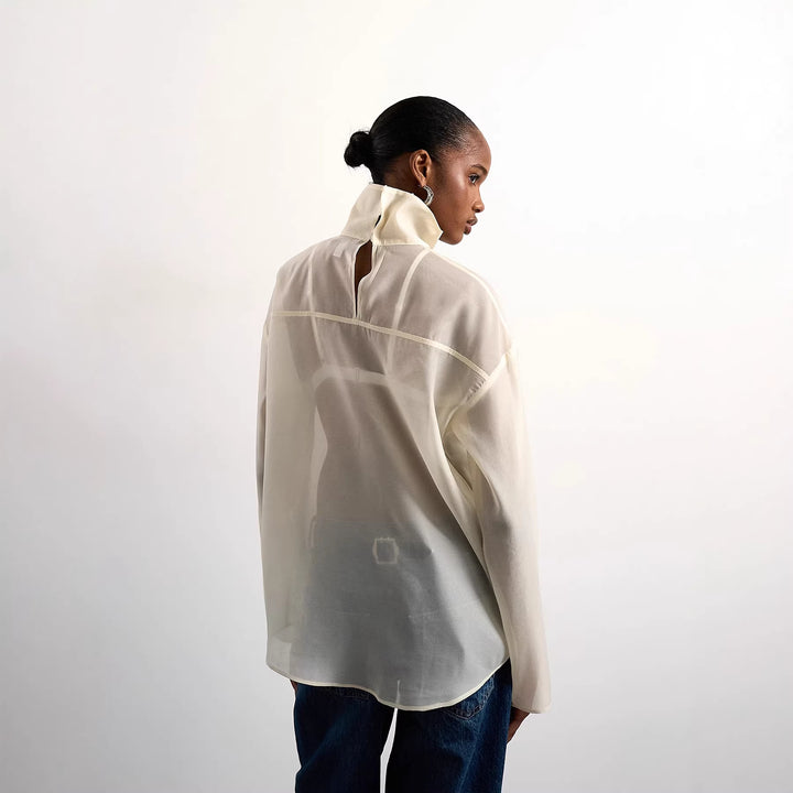 Damen Elegante Bluse aus transparentem Stoff mit stehendem Kragen Drune