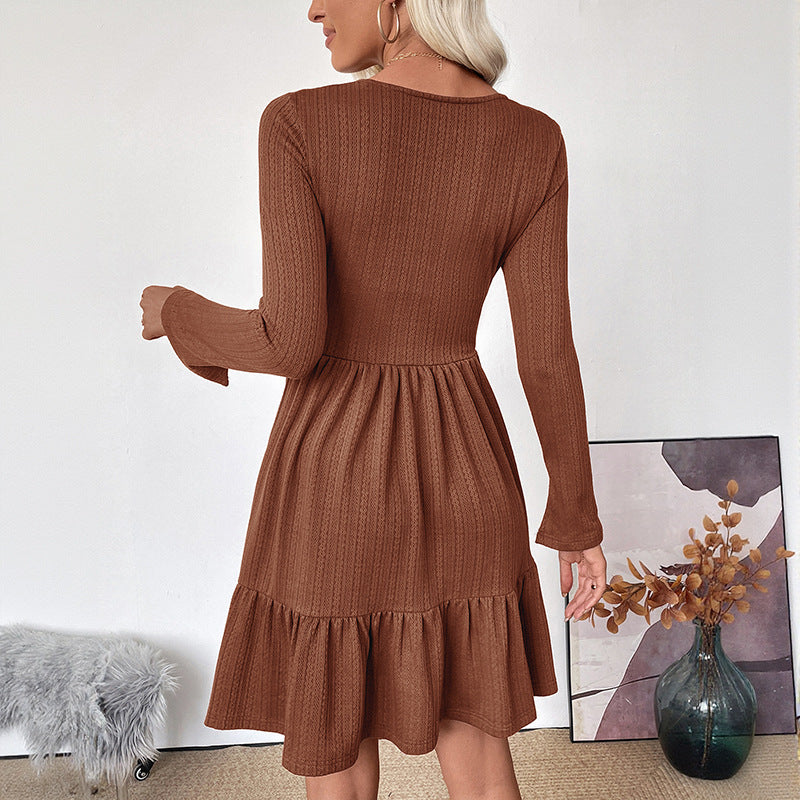 Damen lässiges Langarmkleid mit tailliertem Oberteil und voluminösem Rock Drune