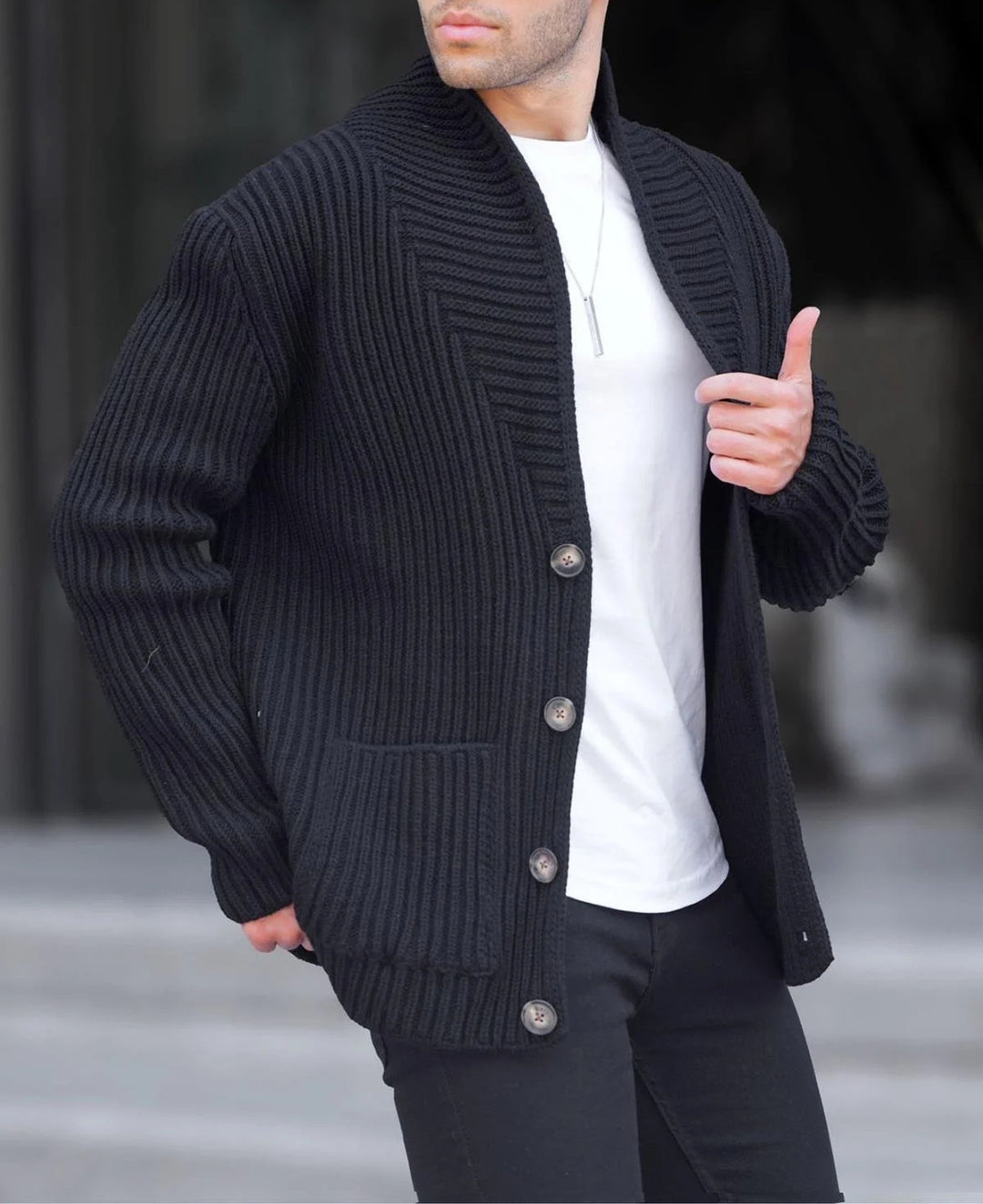 Herren Strickjacke mit tiefem Ausschnitt und knöpfen Drune