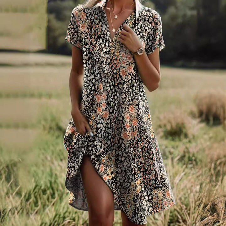 Damen Kurzarmblumenhemdkleid mit praktischen Seitentaschen und elegantem Schnitt Drune