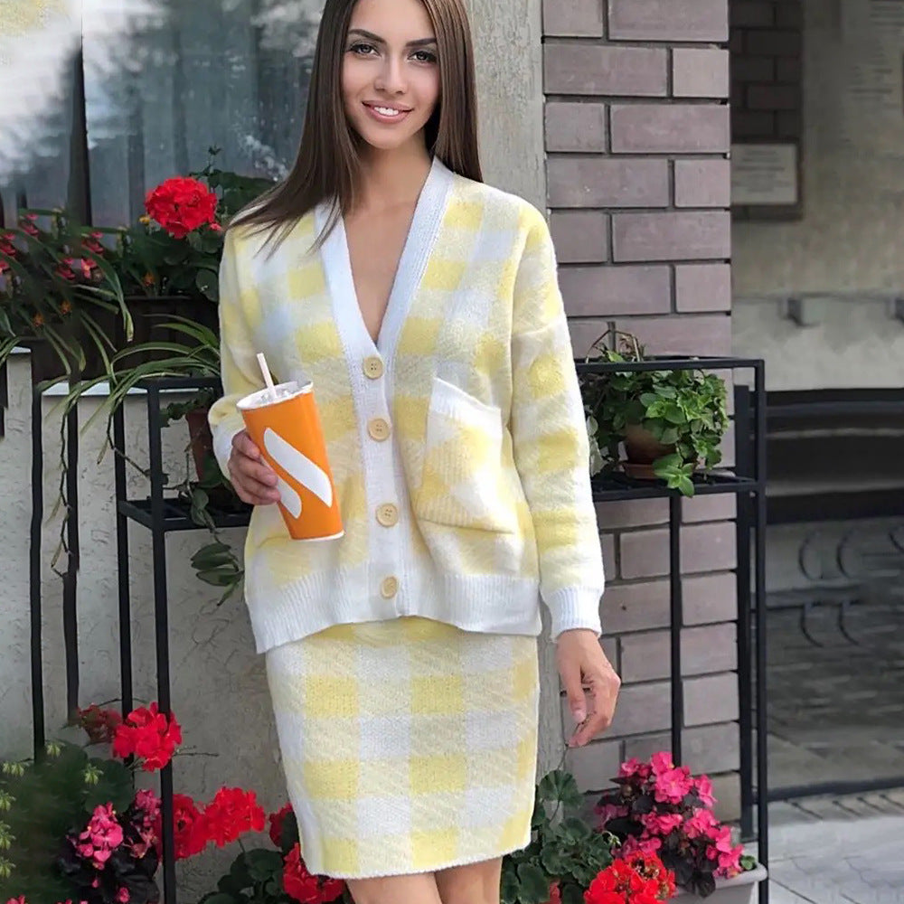 Damen Gemütliches Strickensemble mit Karomuster und praktischen Taschen Drune