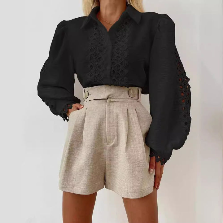 Damen Elegante Bluse mit raffiniertem Stickmuster und Ballonärmel Drune