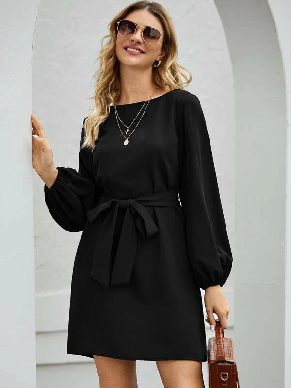 Damen Elegantes Kleid mit Ballonärmeln und Taillengürtel Drune