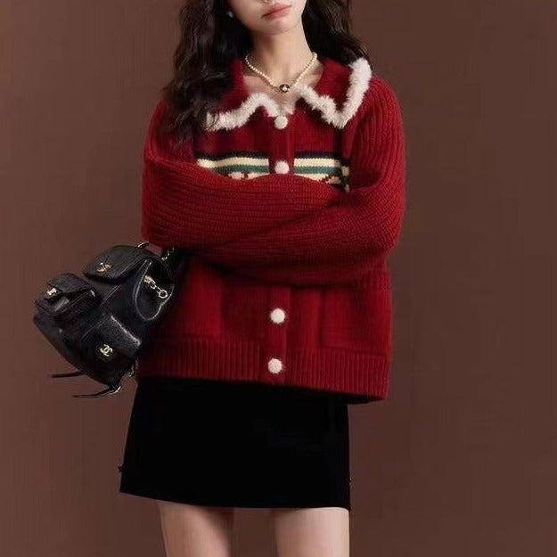 Damen Strickjacke mit farbenfrohem Muster und Kuschelkragen Drune