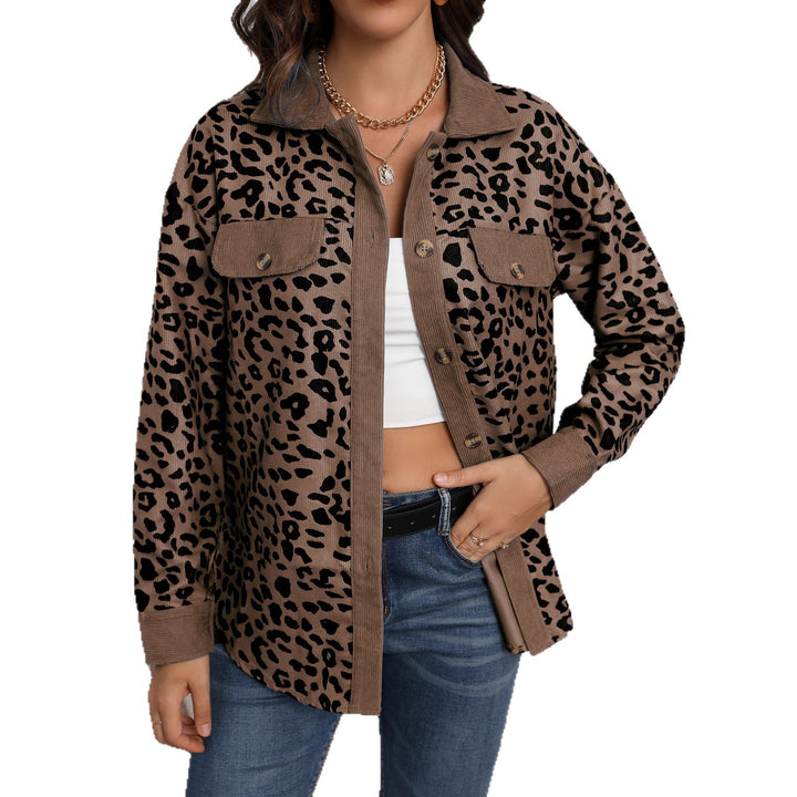 Damen Trendige Kordjacke mit Leo-Print und Brusttaschen Drune