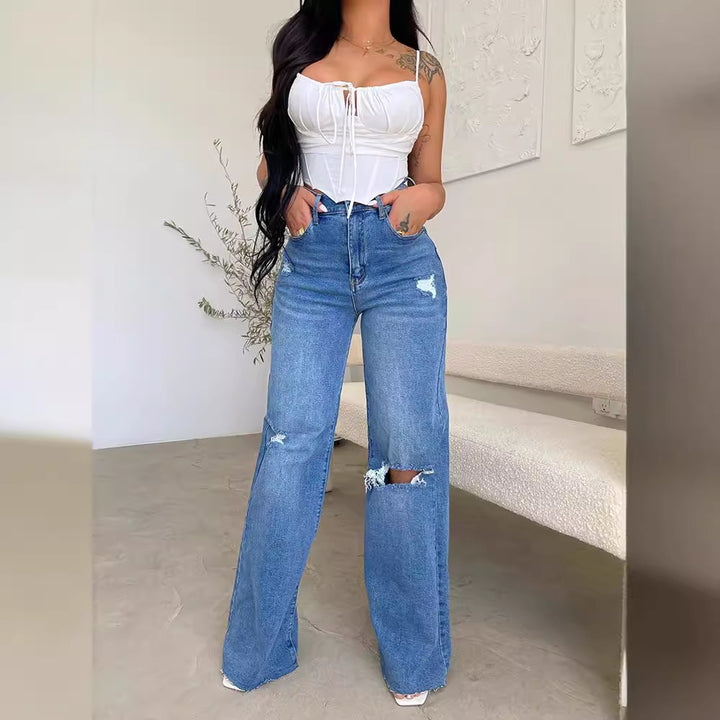Damen weite High-Waist Jeans mit destroyed Effekten Drune