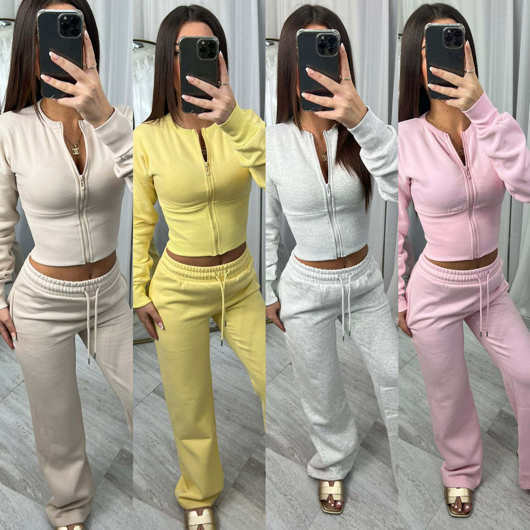 Damen nan kurzes Zip-Cropped-Shirt mit formendem Bund und breite Relax-Sweatpants mit Tunnelzug Drune