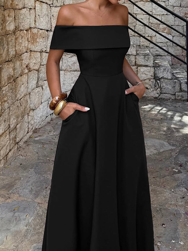 Damen Off-Shoulder Maxikleid mit Taschen und eleganter Silhouette Drune