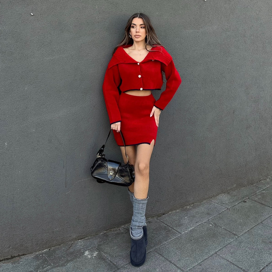 Damen Set mit hochgeschlossenem Crop-Oberteil und Minirock Drune