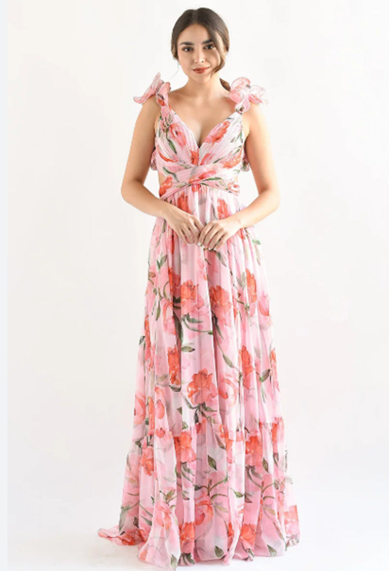 Damen Maxikleid im romantischen Vintage-Stil mit fließendem Rock und Rüschendetails Drune