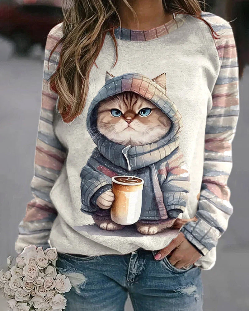 Damen Sweatshirt mit Katzenmotiv Drune