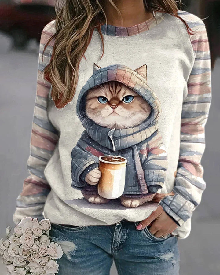 Damen Sweatshirt mit Katzenmotiv Drune