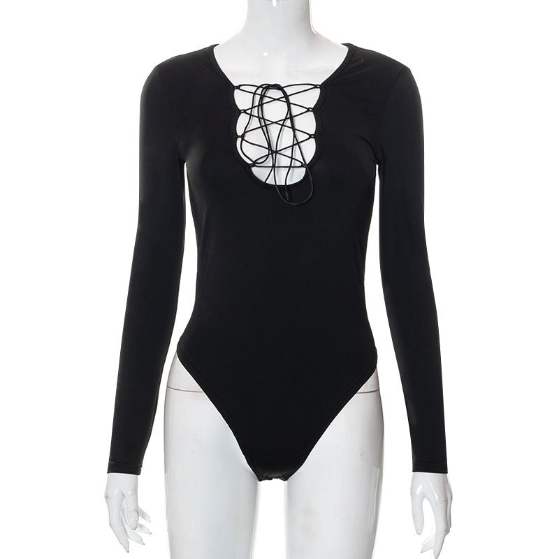 Damen Sportlicher Bodys mit dekorativem Schnürdetail Drune