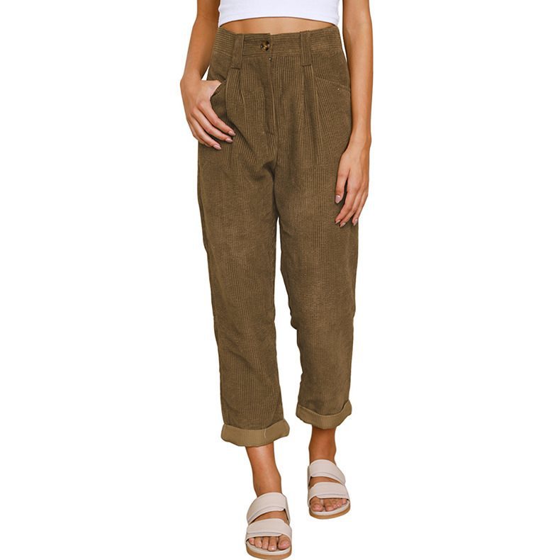Damen Bequeme und elegante Hochtaillierte Hose mit feinem Rippmuster Drune