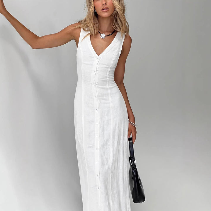 Damen Maxikleid mit knöpfbarem Ausschnitt und figurbetontem Schnitt Drune