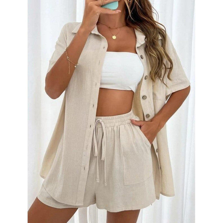 Damen luftiges Zweiteiliges Set mit Hemdbluse und Shorts Drune