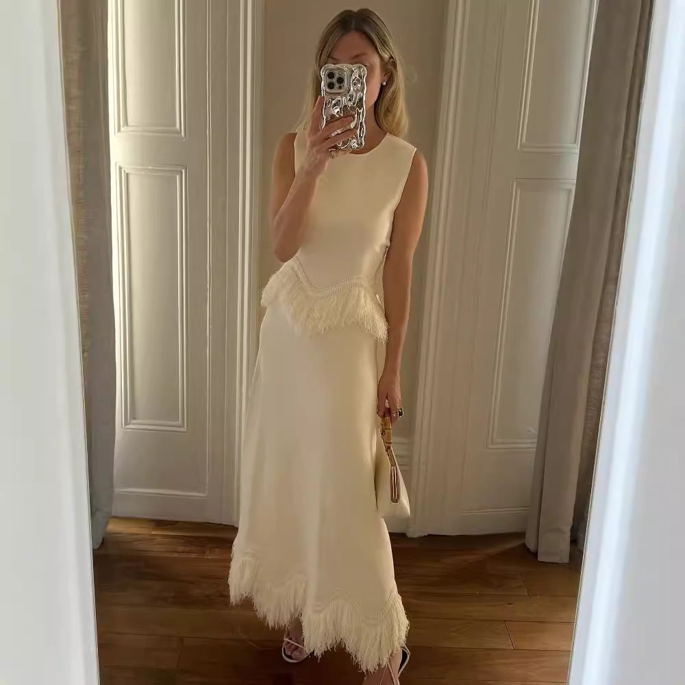 Damen Elegantes Maxikleid mit Fransenbesatz und feinem Saum Drune
