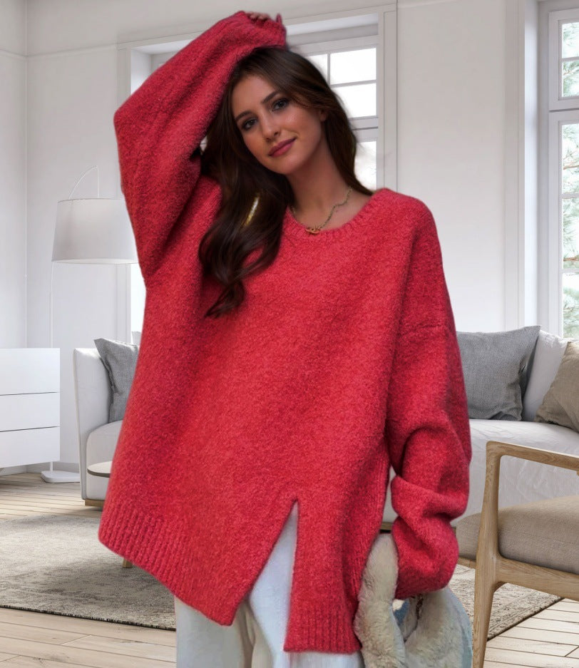 Damen Oversized Strickpullover mit elegantem V-Ausschnitt und seitlichen Schlitzen Drune