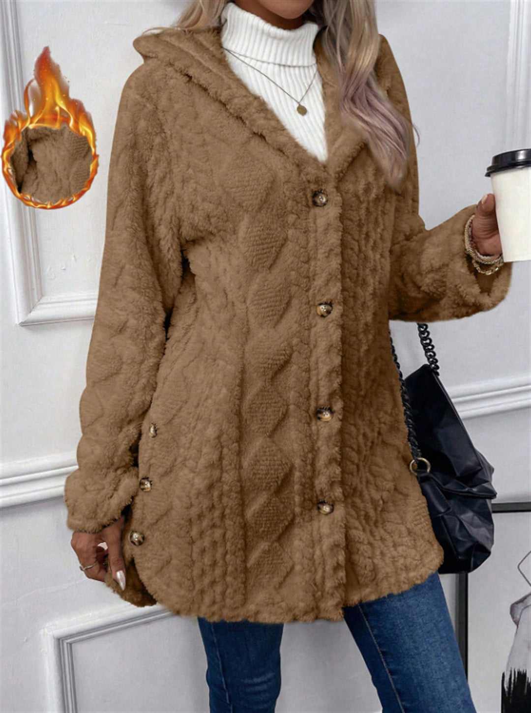 Damen kuschelige Knopfjacke mit hohem Kragen Drune
