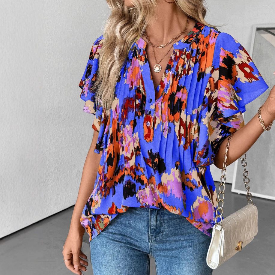 Damen Bluse mit eleganten Rüschendetails und verspieltem Print Drune