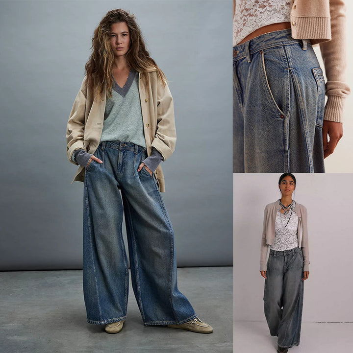 Damen nan extraweite High‑Waist Palazzo-Jeans mit hohem Bund, tiefem Schritt und verwaschener Vintage-Optik Drune