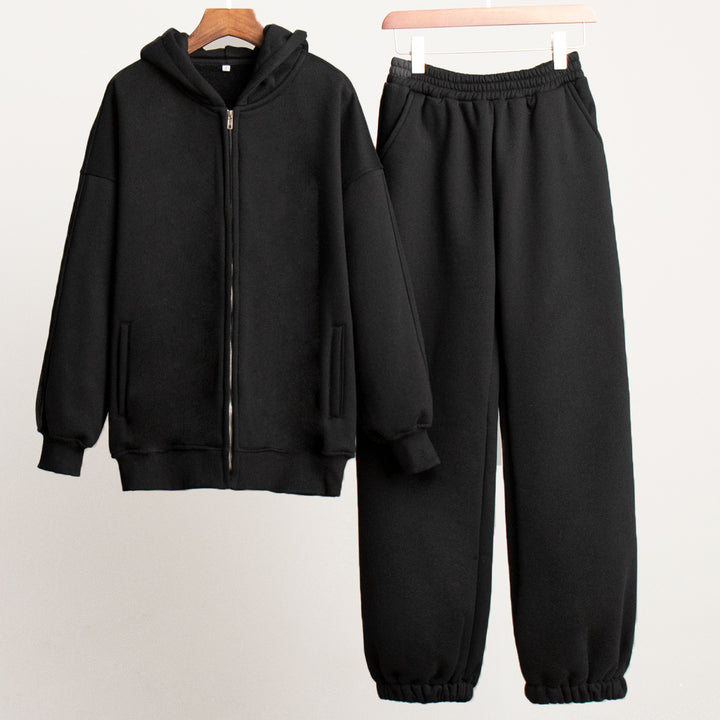 Damen Bequemes Fleece-Hausanzug-Set mit Hoodie und elastischem Bund Drune