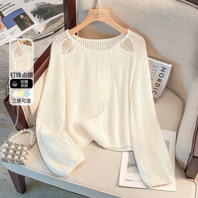 Damen lässiger Pullover mit Off-Shoulder Design und funkelnden Details Drune