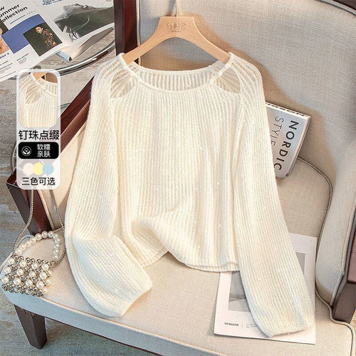 Damen lässiger Pullover mit Off-Shoulder Design und funkelnden Details Drune