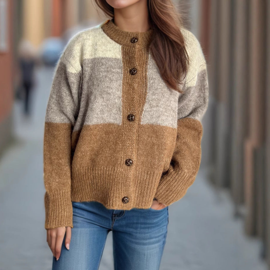 Damen kuschelige Strickjacke mit modischem Farbblockdesign und dekorativen Knöpfen Drune