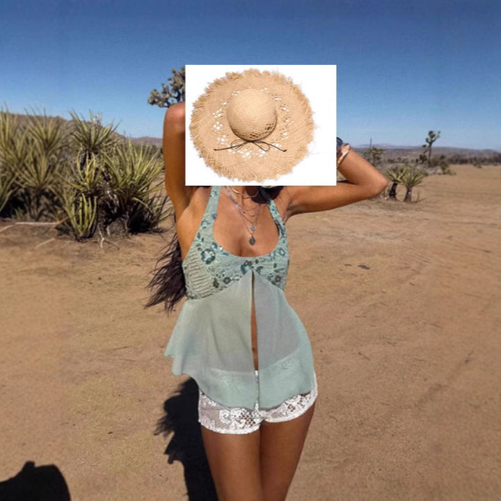 Damen Luftig-fließendes Strandtop mit Rüschendetails und transparenter Blende Drune