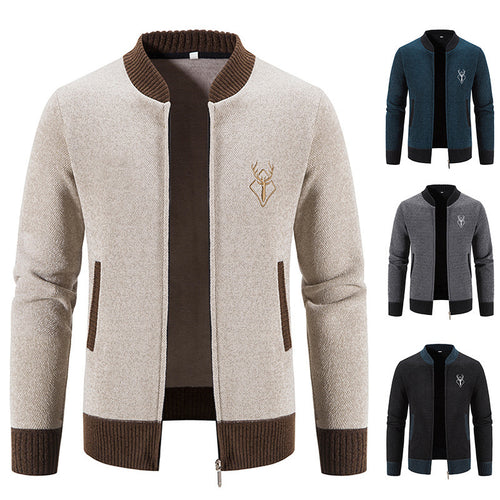Herren nan lässiger Zip-Strickblouson mit weichem Thermofutter, geripptem Stehkragen und Hirsch-Logo Drune