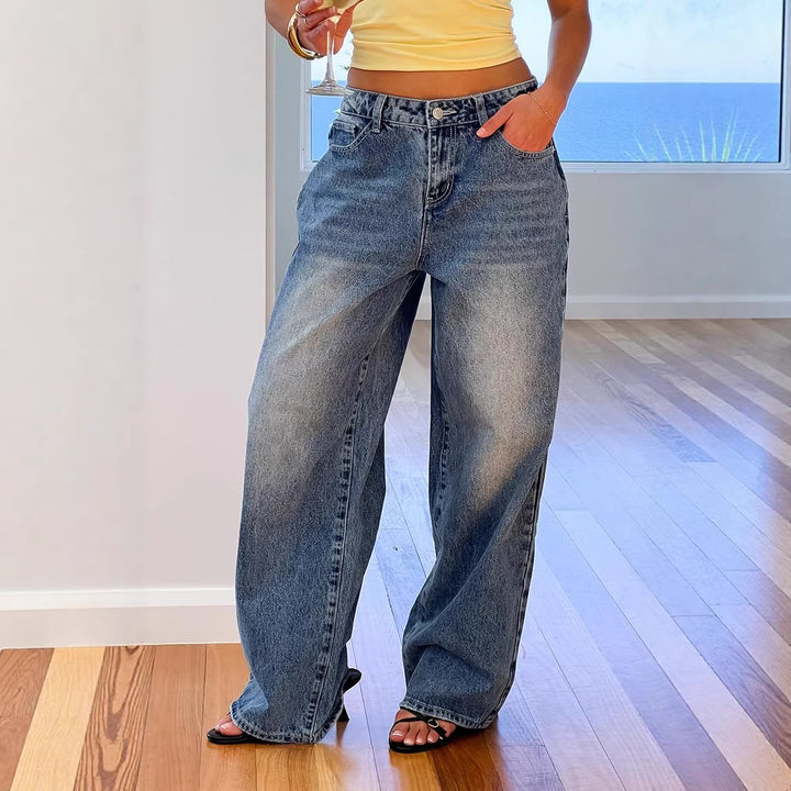 Damen Weit geschnittene Jeans mit hohem Bund und lässigem Stil Drune
