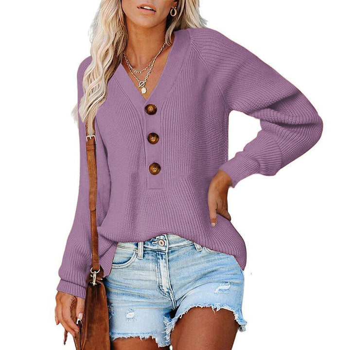 Damen V-Ausschnitt Pullover mit Holzknöpfen Drune