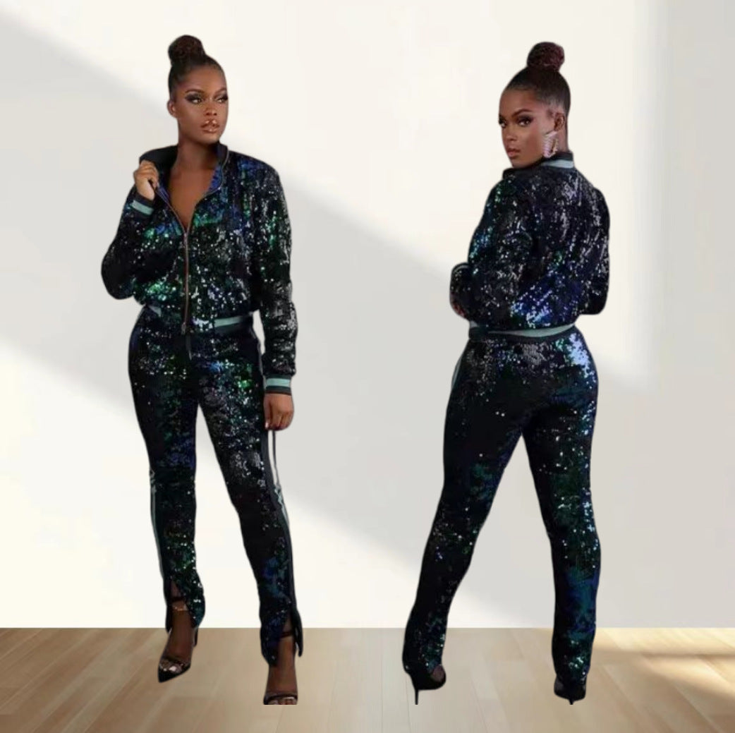 Damen Glitzerndes Sportanzug-Set mit trendigen Streifen Drune