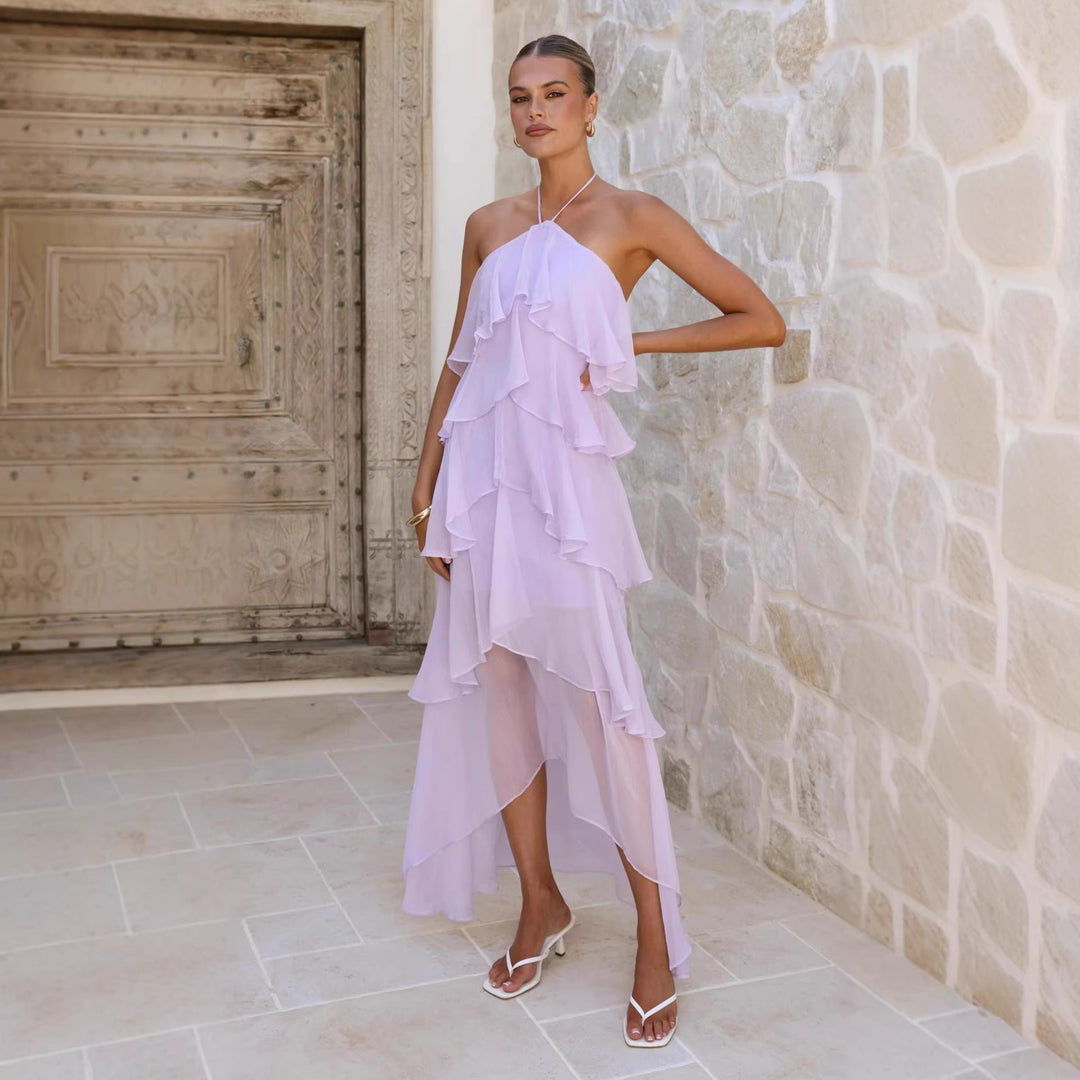 Damen Maxikleid mit elegantem Überwurf und floralen Rüschen Drune