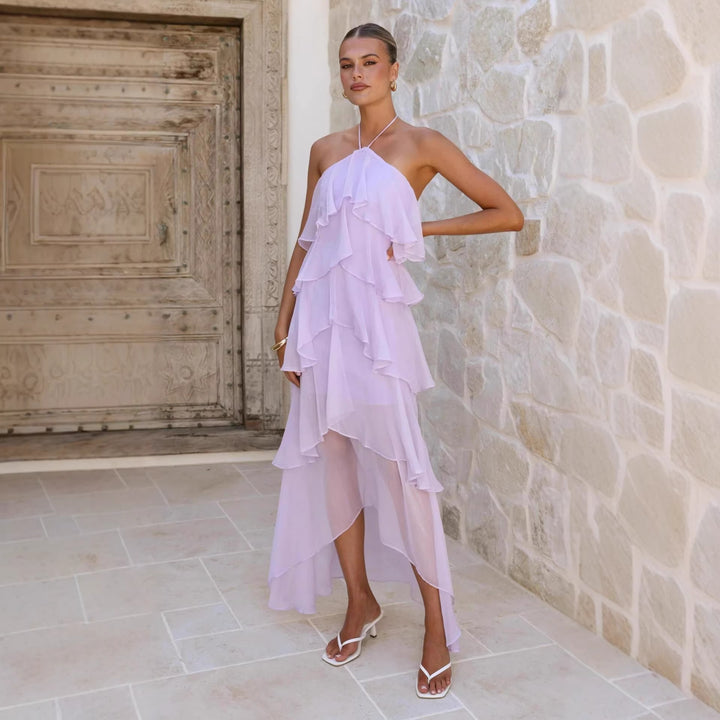 Damen Maxikleid mit elegantem Überwurf und floralen Rüschen Drune