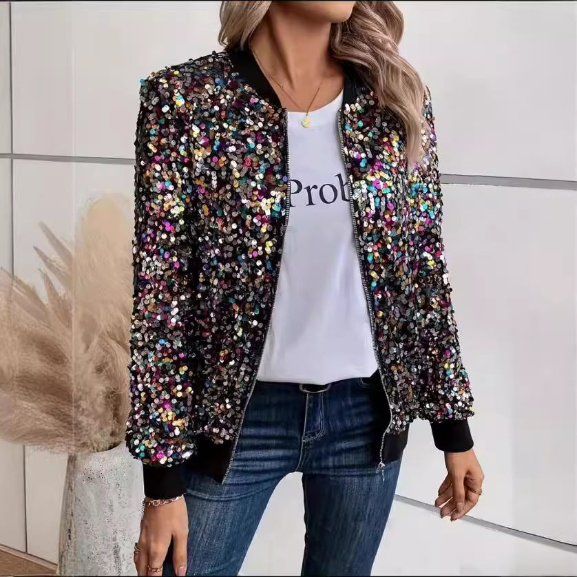 Damen Glitzer Bomberjacke mit funkelnden Pailletten und elastischen Bündchen Drune