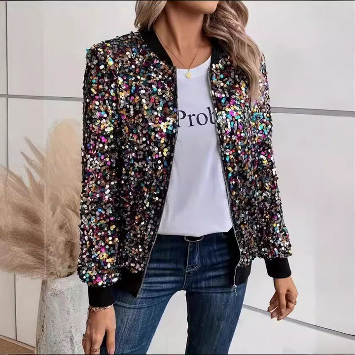 Damen Glitzer Bomberjacke mit funkelnden Pailletten und elastischen Bündchen Drune