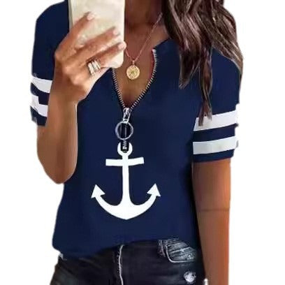 Damen maritim inspirierter Kurzarm Pullover mit Reißverschluss und Anker-Motiv Drune
