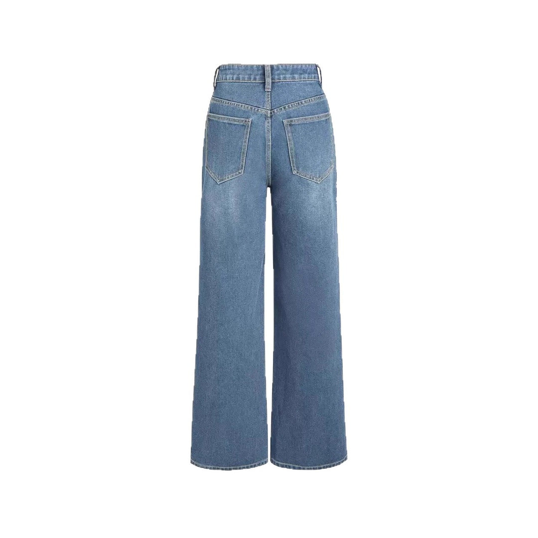 Damen Weit geschnittene Denim-Hose mit hohem Bund und klassischen Taschen Drune