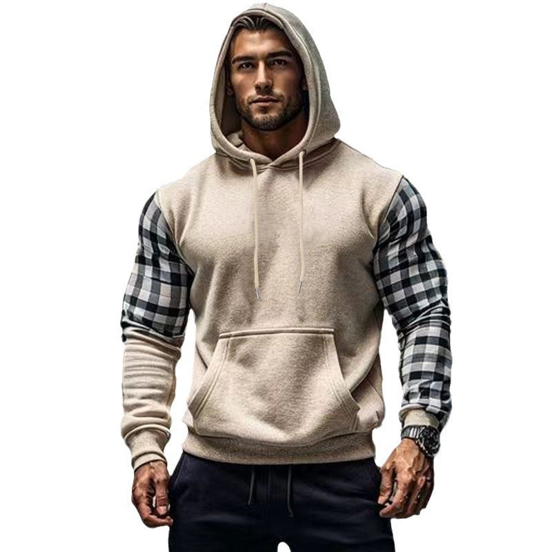 Herren Kapuzenpullover mit modischem Karomuster an den Ärmeln und praktischer Kängurutasche Drune